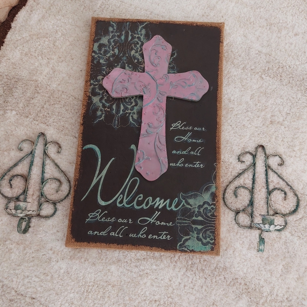 Wall Decor Burlap Covered With Cross.  2 Candlestick Holders In Metal.